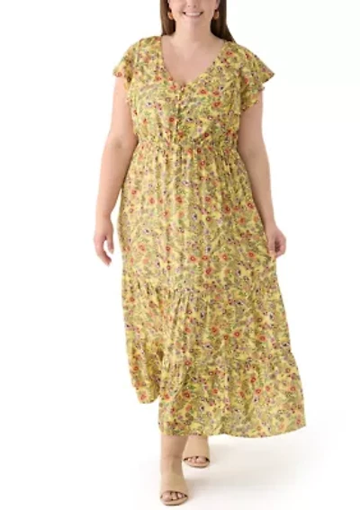 Plus Printed Flutter Sleeve Dress