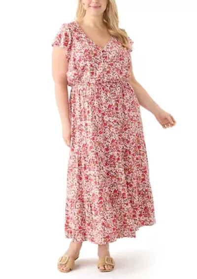 Plus Flutter Sleeve Printed Midi Dress