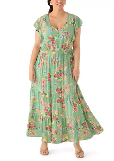 Plus V-Neck Flutter Sleeve Maxi Dress