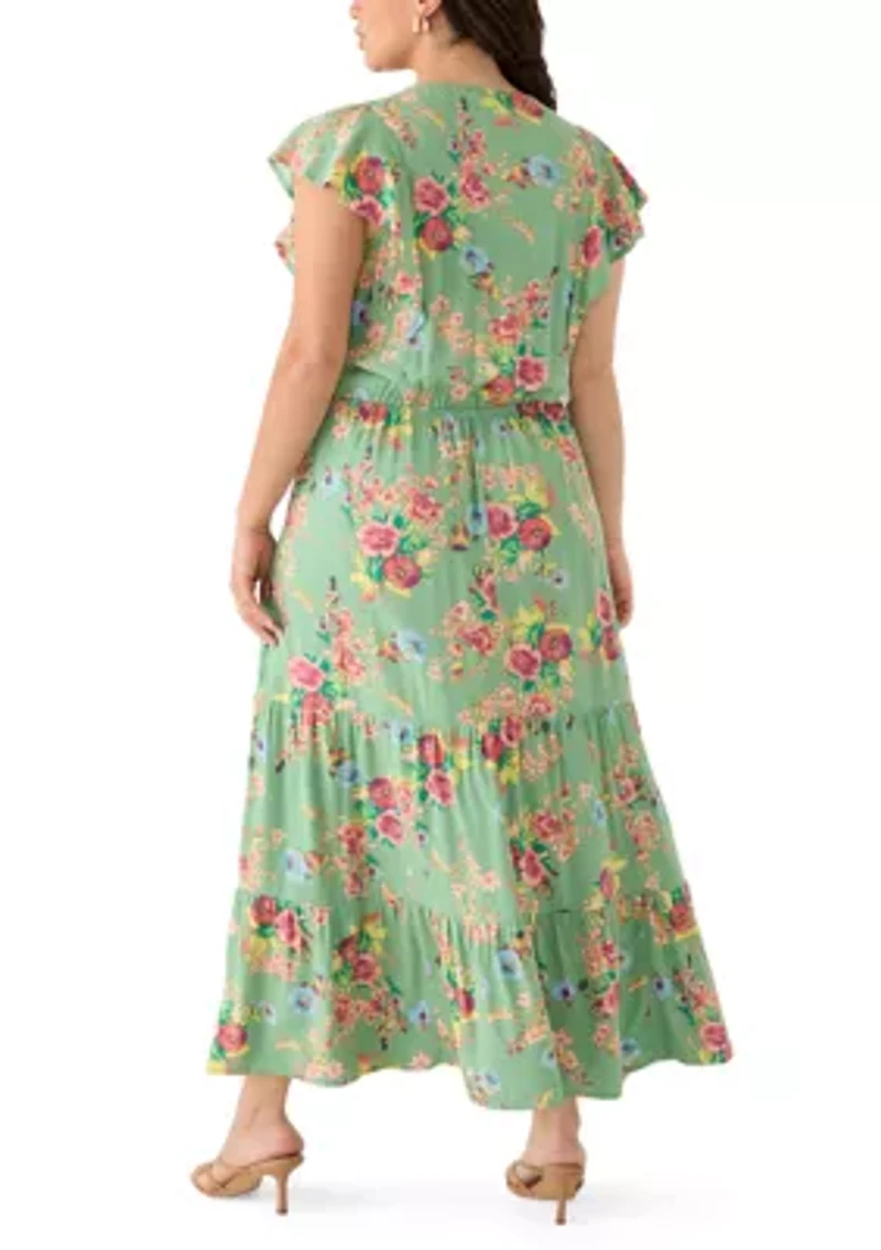 Plus V-Neck Flutter Sleeve Maxi Dress