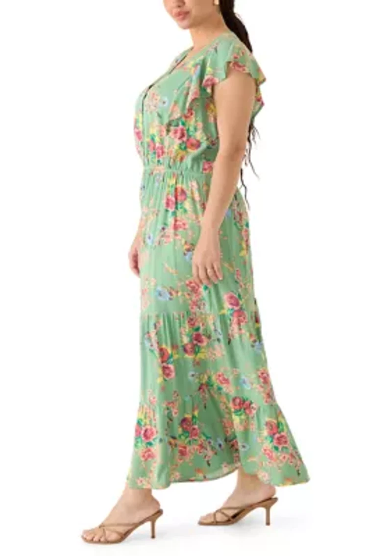Plus V-Neck Flutter Sleeve Maxi Dress