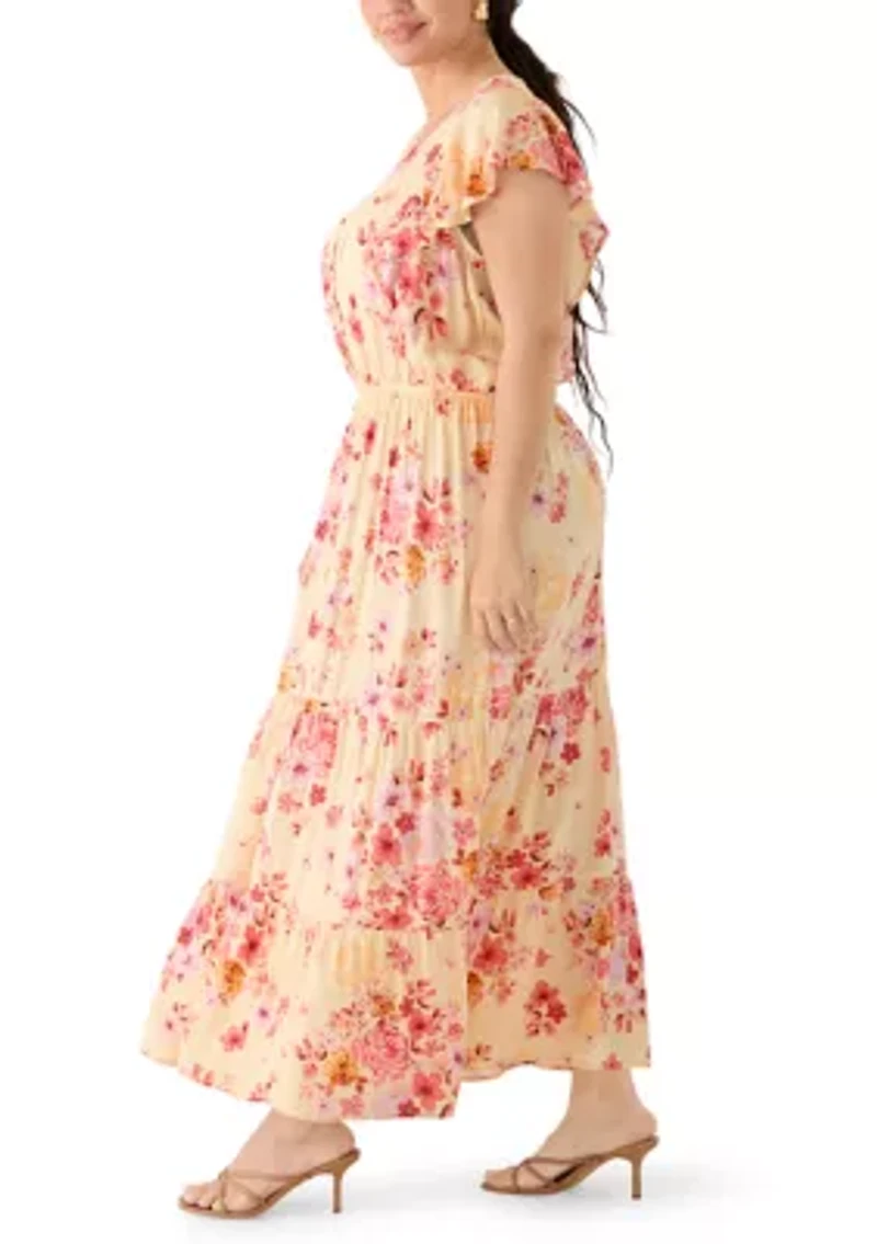 Plus V-Neck Flutter Sleeve Maxi Dress