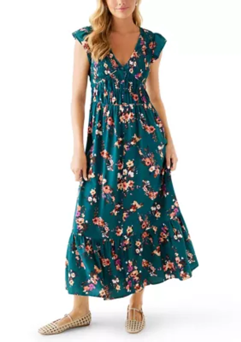 Women's Flutter Sleeve Button Down Long Dress