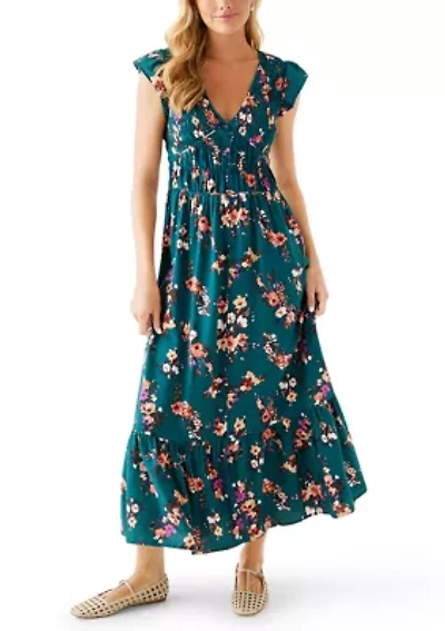 Women's Flutter Sleeve Button Down Long Dress