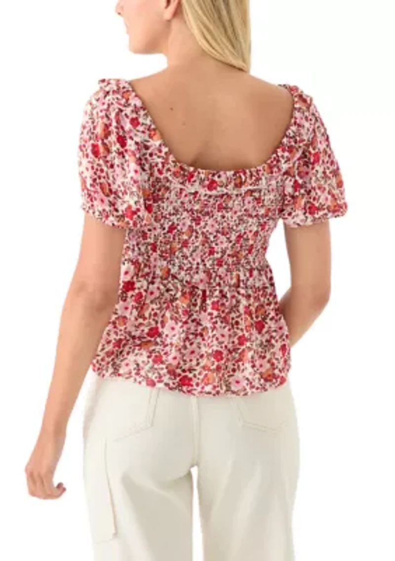 Women's Printed Puff Sleeve Babydoll Top