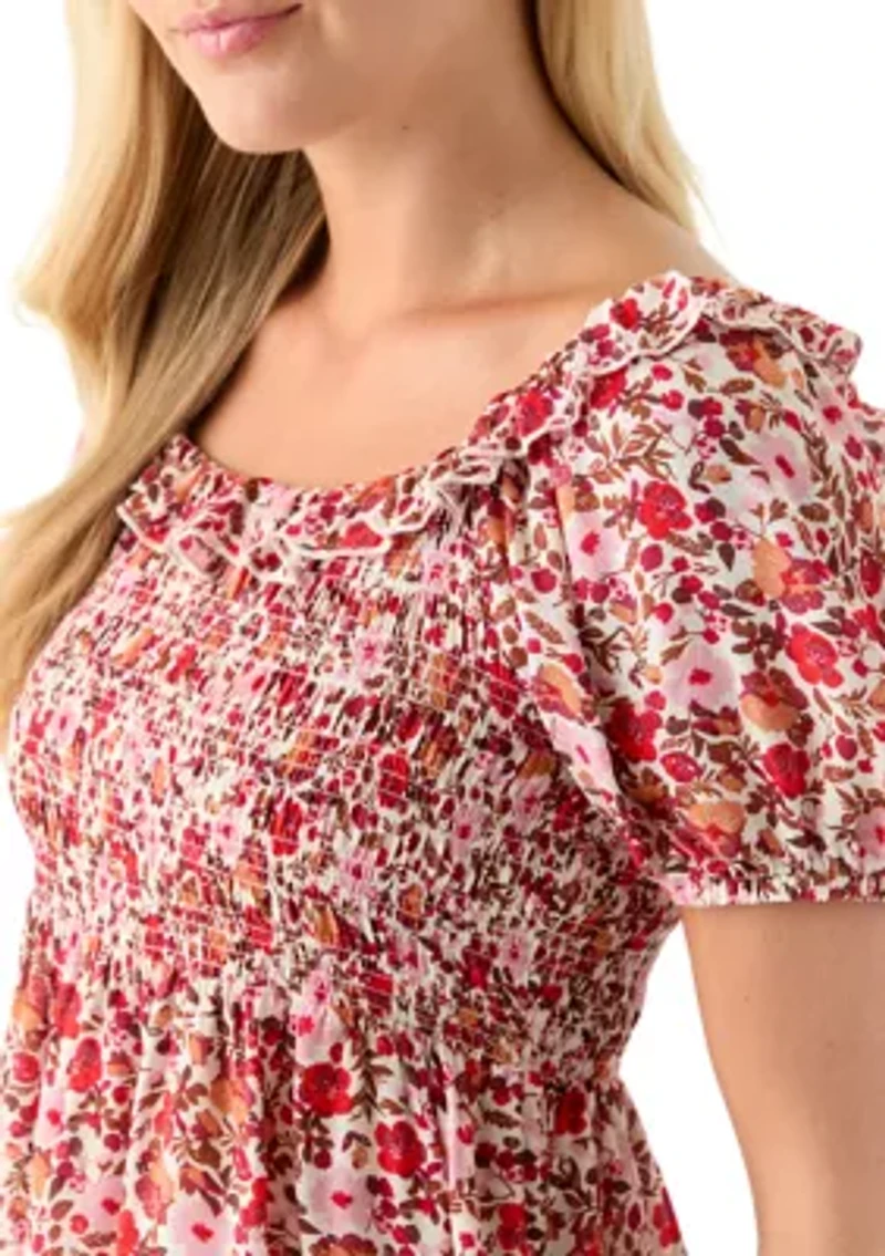 Women's Printed Puff Sleeve Babydoll Top