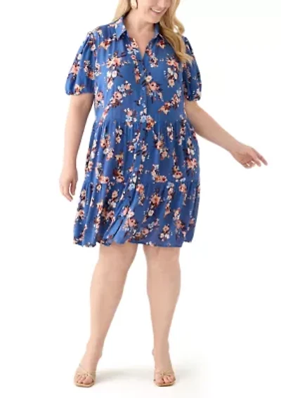 Plus Short Blouson Sleeve Printed Shirt Dress
