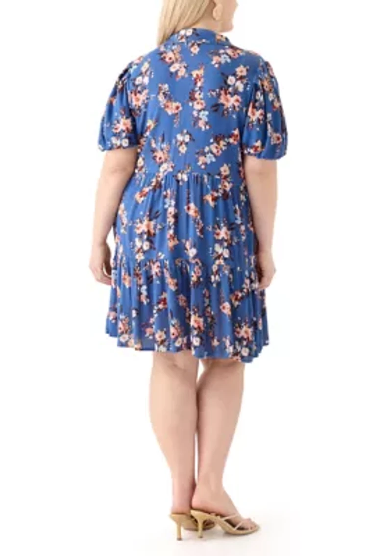 Plus Short Blouson Sleeve Printed Shirt Dress