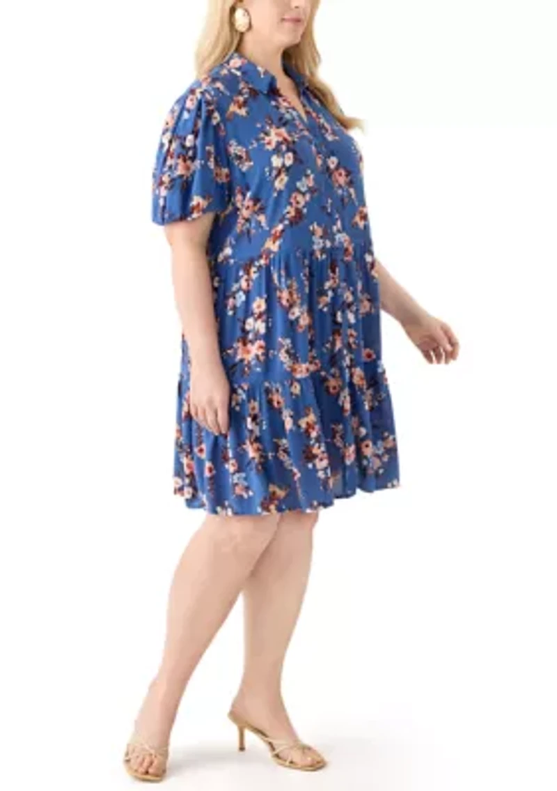 Plus Short Blouson Sleeve Printed Shirt Dress