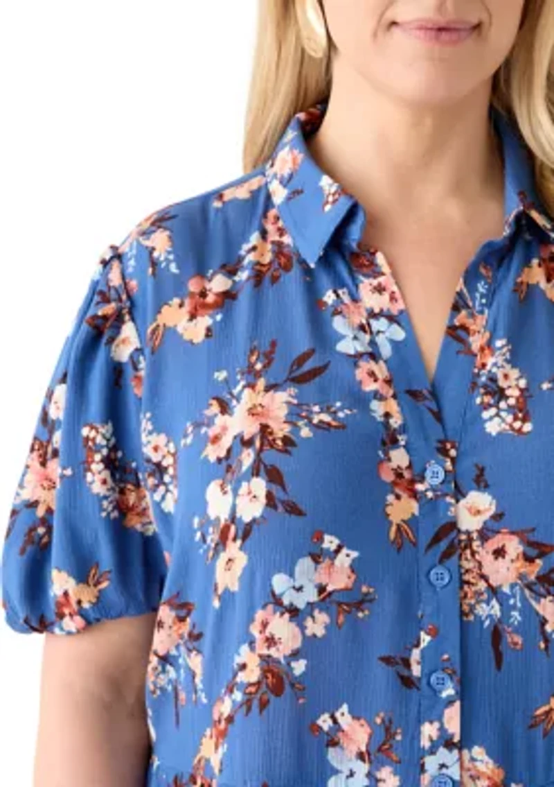 Plus Short Blouson Sleeve Printed Shirt Dress