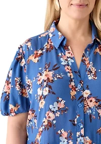 Plus Short Blouson Sleeve Printed Shirt Dress