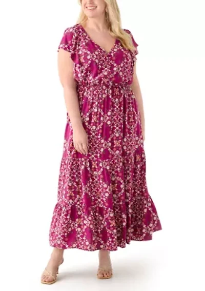 Plus Flutter Sleeve Printed Midi Dress