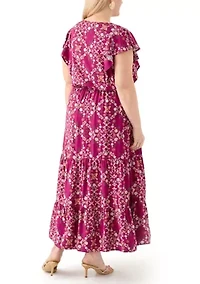 Plus Flutter Sleeve Printed Midi Dress