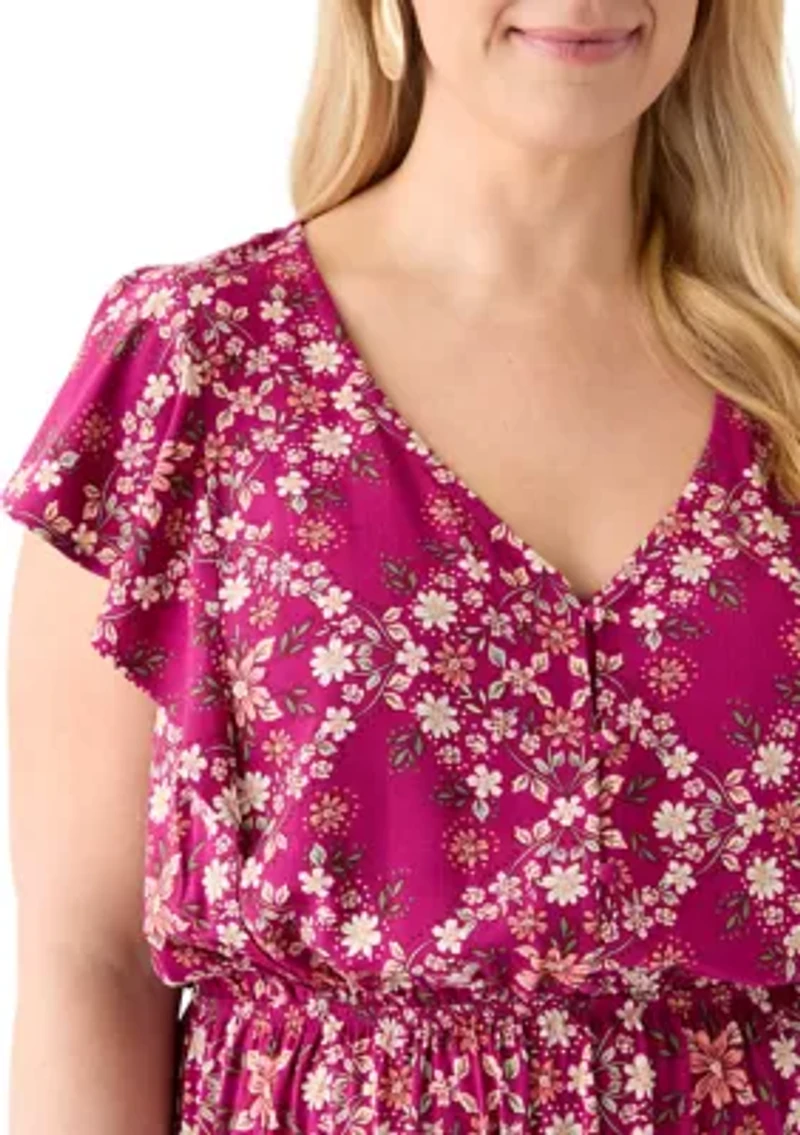 Plus Flutter Sleeve Printed Midi Dress