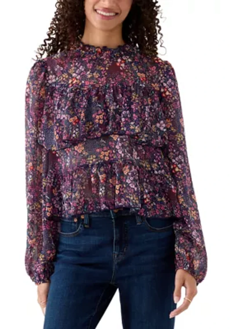 Women's Printed High-Neck Long Sleeve Ruffle Blouse
