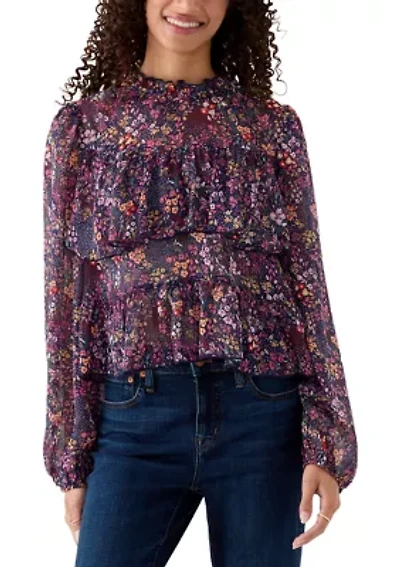 Women's Printed High-Neck Long Sleeve Ruffle Blouse