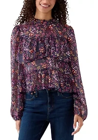 Women's Printed High-Neck Long Sleeve Ruffle Blouse