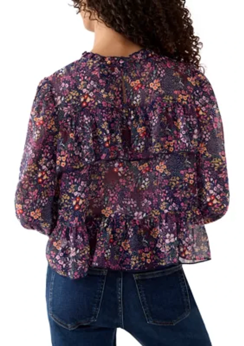 Women's Printed High-Neck Long Sleeve Ruffle Blouse