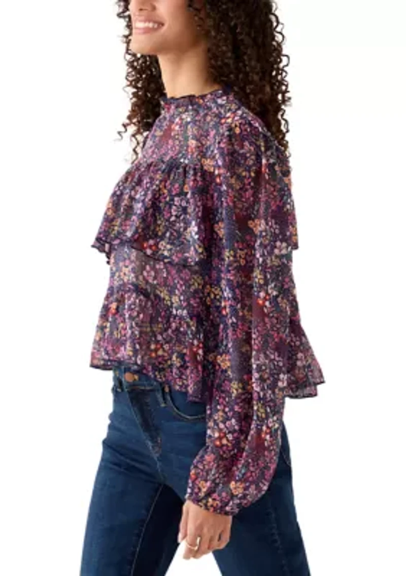 Women's Printed High-Neck Long Sleeve Ruffle Blouse