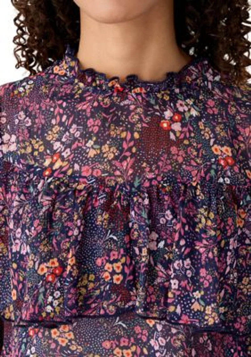 Women's Printed High-Neck Long Sleeve Ruffle Blouse