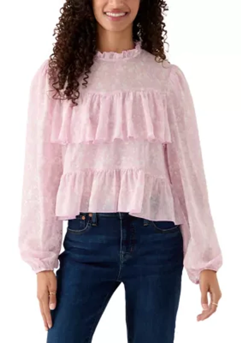 Women's Printed High-Neck Long Sleeve Ruffle Blouse
