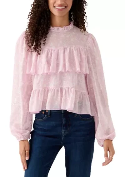 Women's Printed High-Neck Long Sleeve Ruffle Blouse