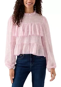 Women's Printed High-Neck Long Sleeve Ruffle Blouse