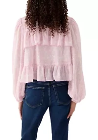 Women's Printed High-Neck Long Sleeve Ruffle Blouse