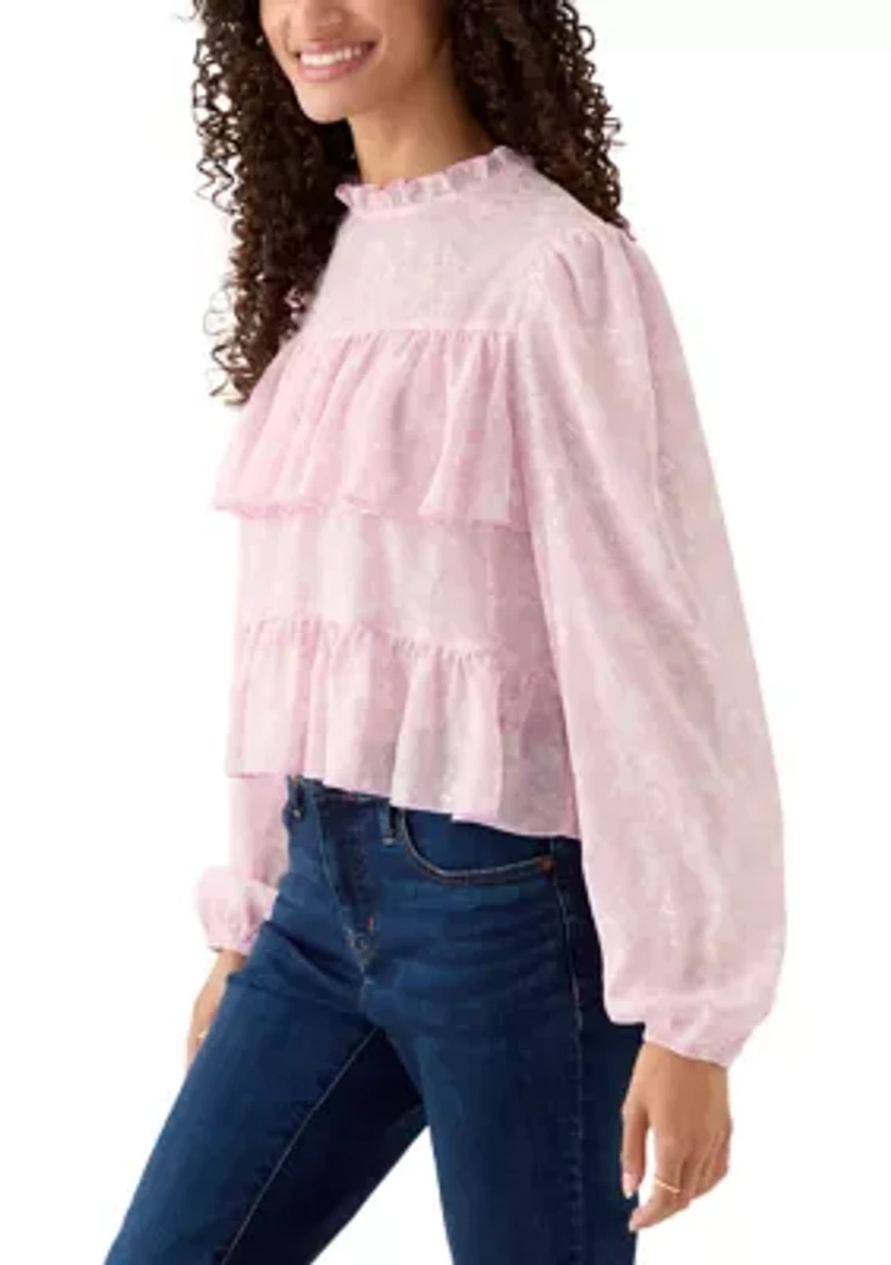 Women's Printed High-Neck Long Sleeve Ruffle Blouse