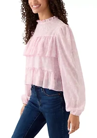 Women's Printed High-Neck Long Sleeve Ruffle Blouse