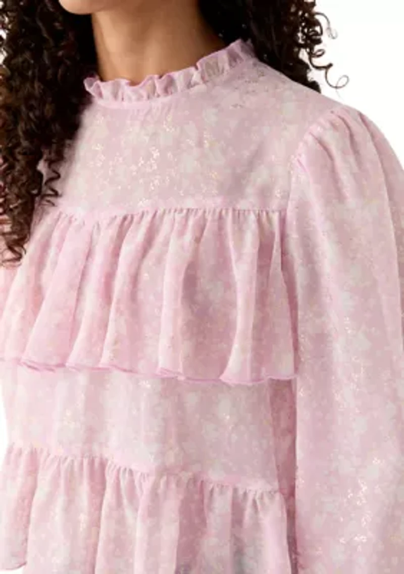 Women's Printed High-Neck Long Sleeve Ruffle Blouse