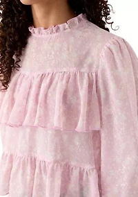 Women's Printed High-Neck Long Sleeve Ruffle Blouse