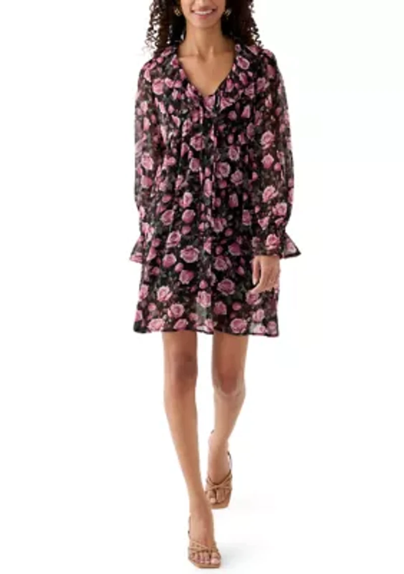 Women's V-Neck Poet Sleeve Ruffle Dress