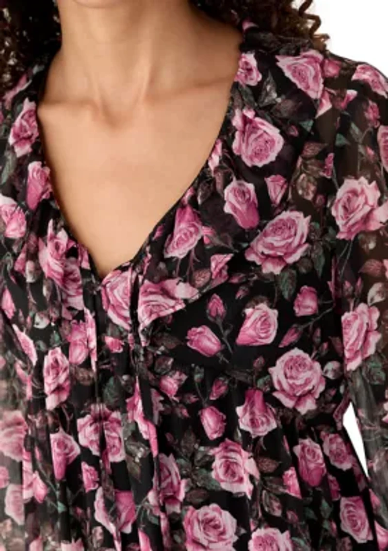 Women's V-Neck Poet Sleeve Ruffle Dress