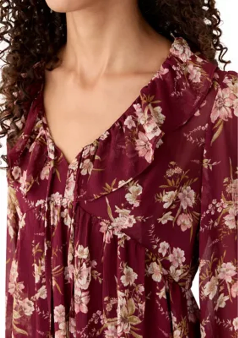 Women's V-Neck Poet Sleeve Ruffle Dress