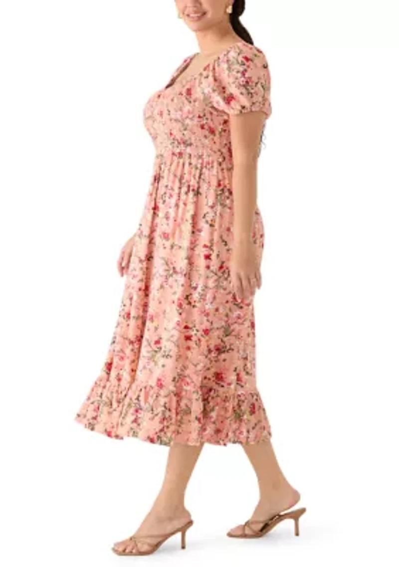 Women's Short Sleeve Smocked Sweetheart Neck Bodice Dress