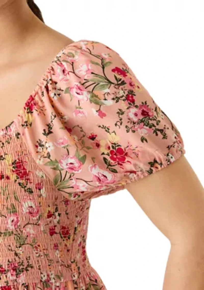 Women's Short Sleeve Smocked Sweetheart Neck Bodice Dress