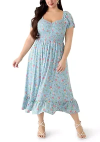 Plus Short Sleeve Smocked Sweetheart Bodice Dress
