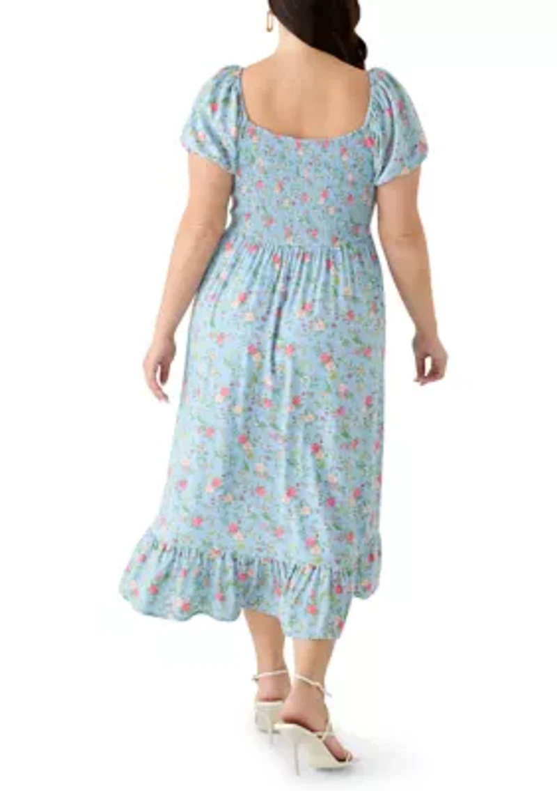 Plus Short Sleeve Smocked Sweetheart Bodice Dress