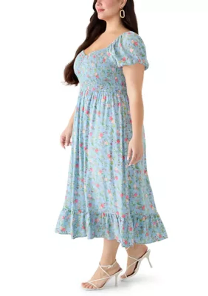 Plus Short Sleeve Smocked Sweetheart Bodice Dress