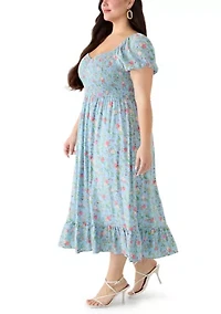 Plus Short Sleeve Smocked Sweetheart Bodice Dress