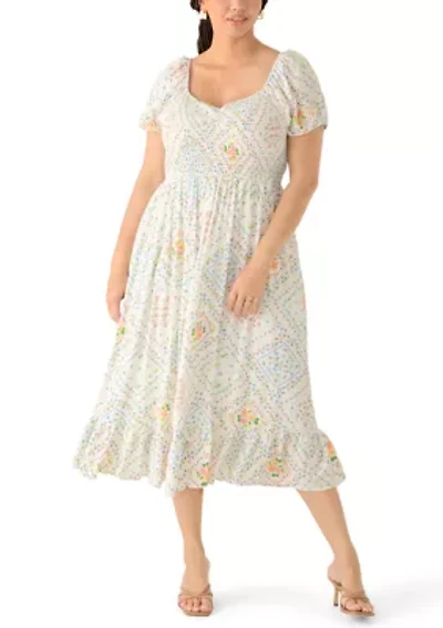 Plus Short Sleeve Smocked Sweetheart Neck Bodice Dress