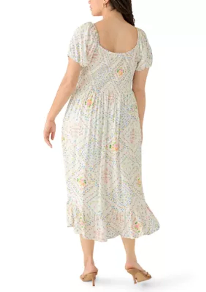 Plus Short Sleeve Smocked Sweetheart Neck Bodice Dress