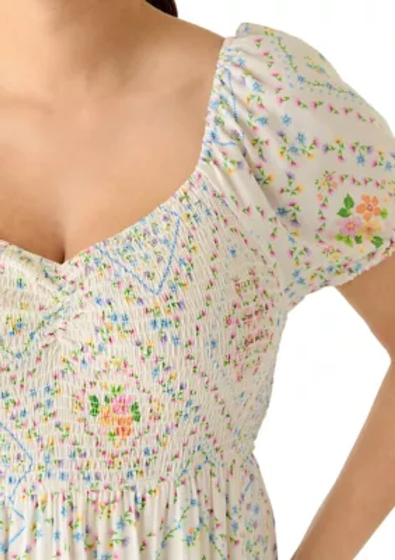 Plus Short Sleeve Smocked Sweetheart Neck Bodice Dress