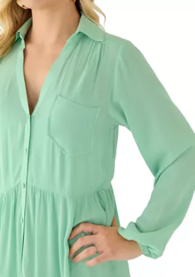 Women's Long Sleeve Button Down Tiered Shirtdress