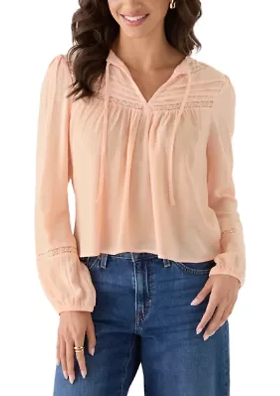 Women's Long Sleeve Tie Dobby Woven Top
