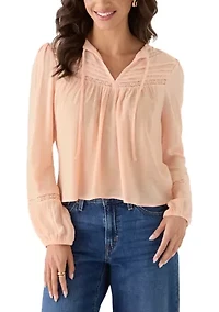 Women's Long Sleeve Tie Dobby Woven Top