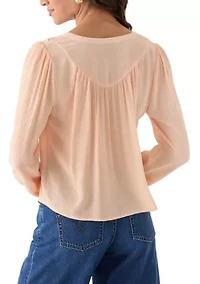 Women's Long Sleeve Tie Dobby Woven Top