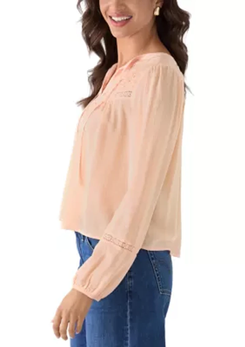Women's Long Sleeve Tie Dobby Woven Top