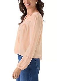 Women's Long Sleeve Tie Dobby Woven Top